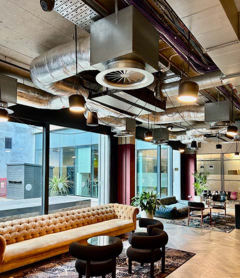 Reception area with pendant lighting